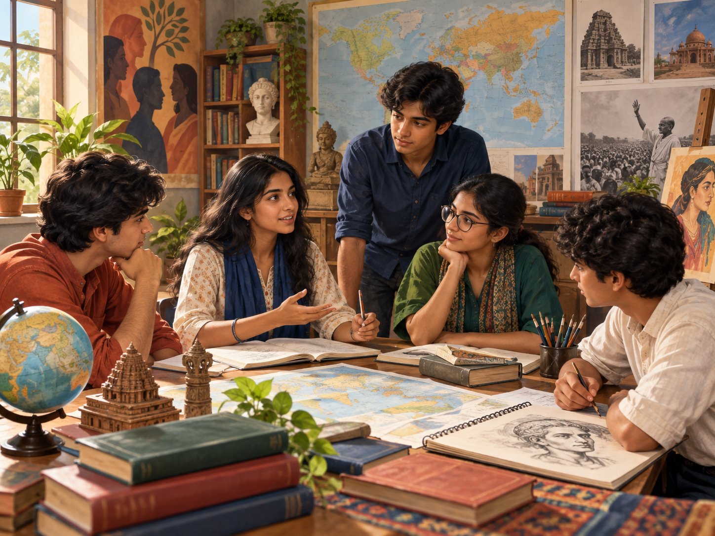 Students discussing humanities, history and social sciences