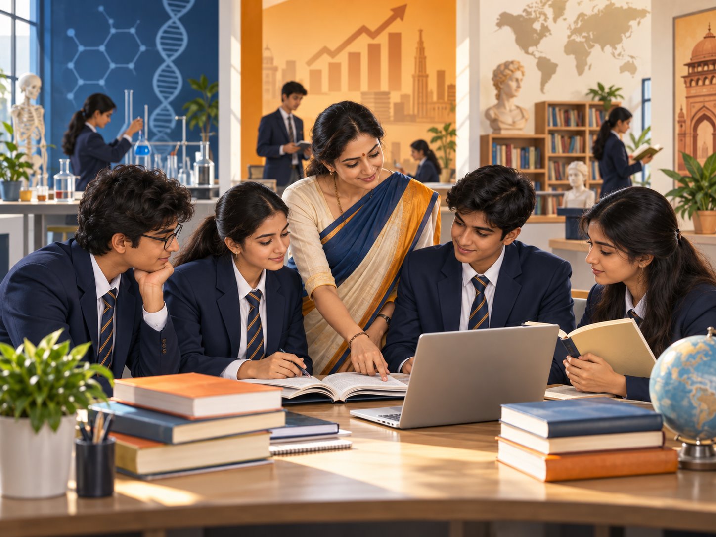 Higher Secondary students exploring academic pathways with a teacher