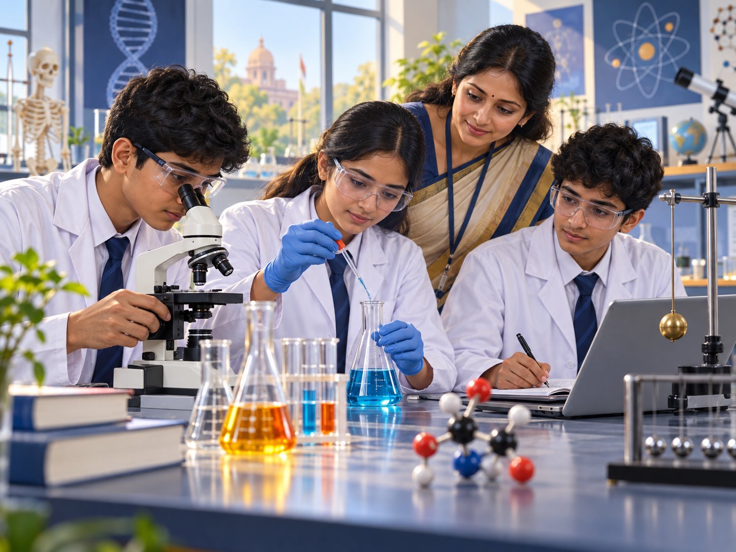 Students conducting a supervised experiment in a science laboratory